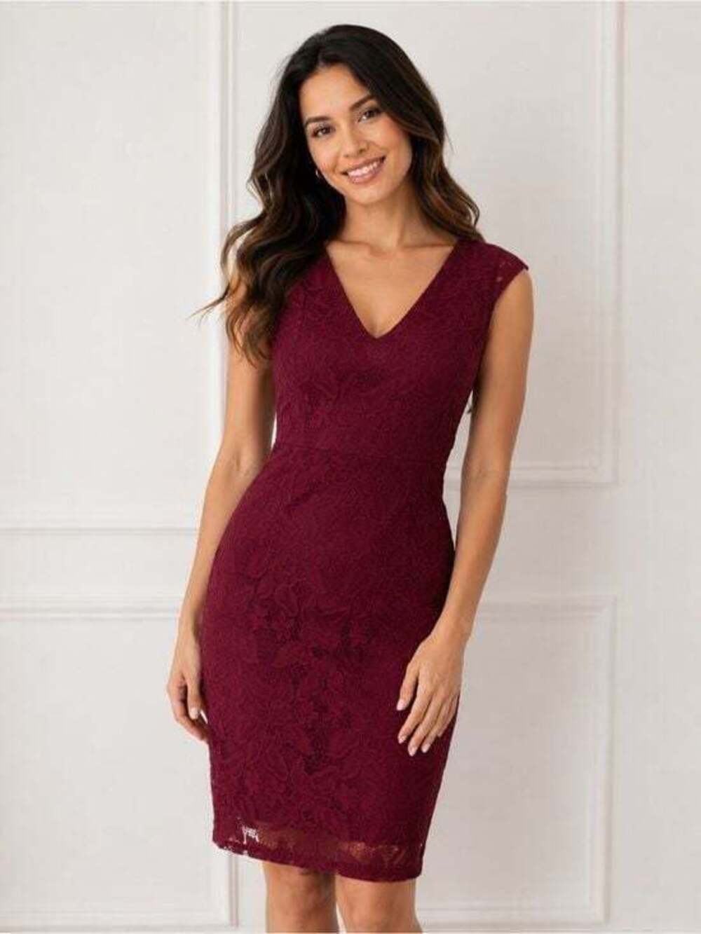 Burgundy Lace Cocktail Dress Elegant V-Neck Midi Party Dress Sz Small